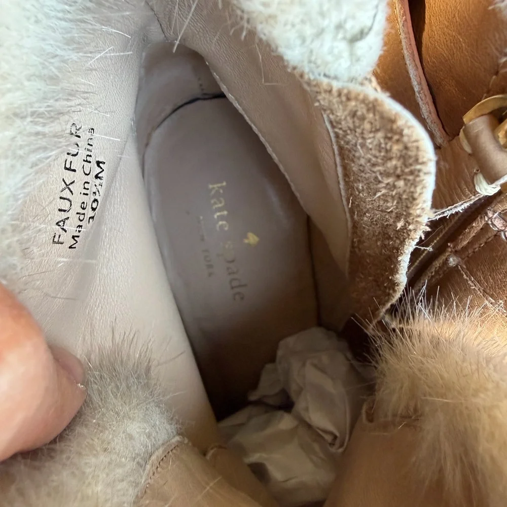 kate spade Tay Booties Tan Leather Wedge Ankle Boots w/ Faux Fur Trim Sz-10.5. X